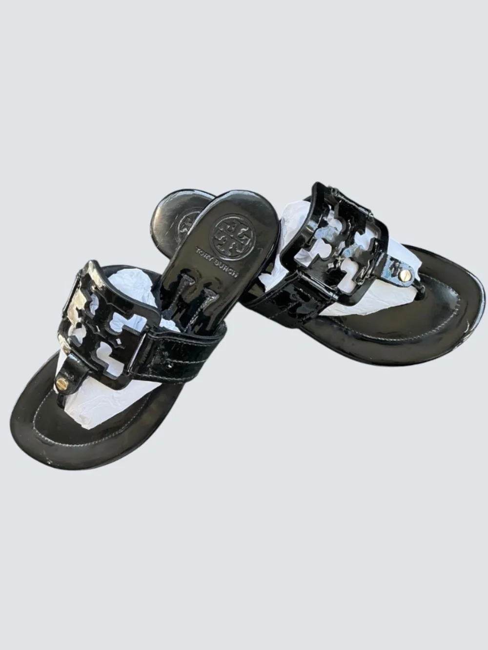 Tory Burch Black Patent Leather Miller Sandals Rare Square Logo SZ 6.5M